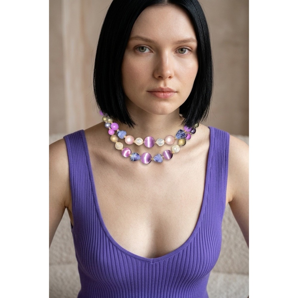 Vintage necklace Japan 2 strands glass VIOLET GOLD CHOKER
